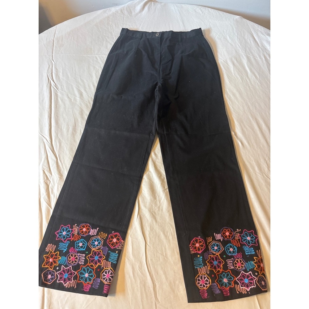 Studio West Wide Leg Pants Womens Black Embroidered Floral High Waist small